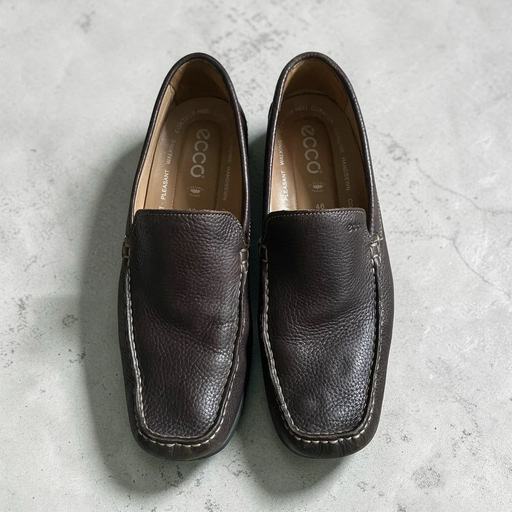 Ecco Driving Loafers Moccasins Men Sz 12  EU 46 Brown Pebbled Leather Comfort